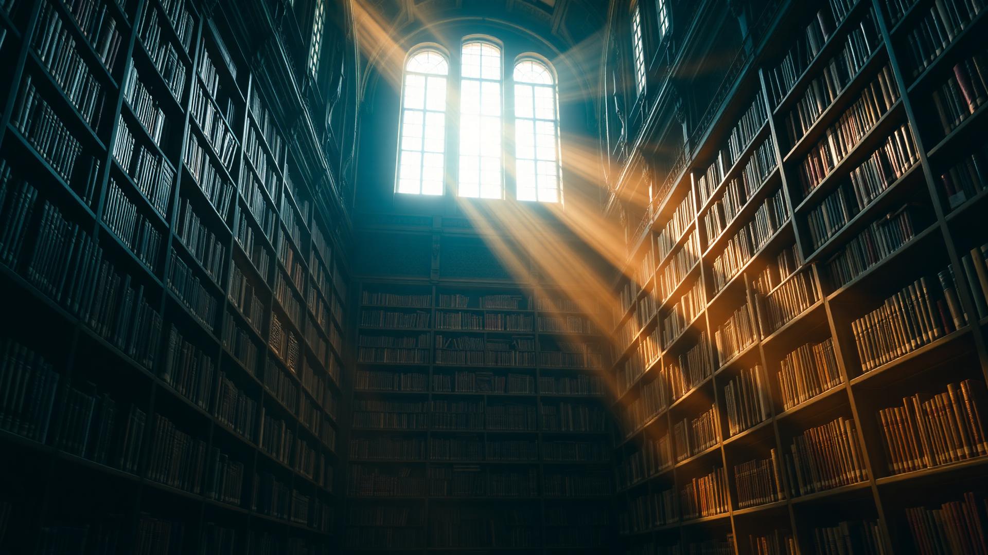 مكتبة كلاسيكية بإضاءة ذهبية
